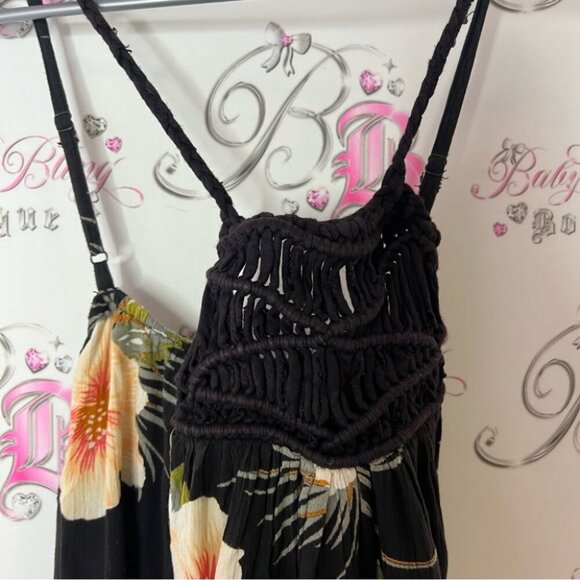 Volcom dress hibiscus πΊ flowers peach orange green Floral Black Dress crochet - Picture 2 of 8